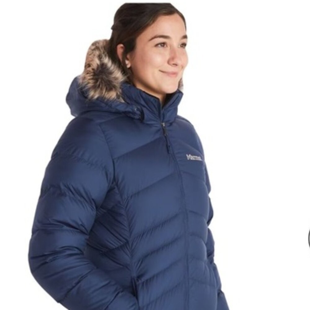 Marmot Women's‎ Navy Montreal Goose Down Long Puff Parka Jacket Size M